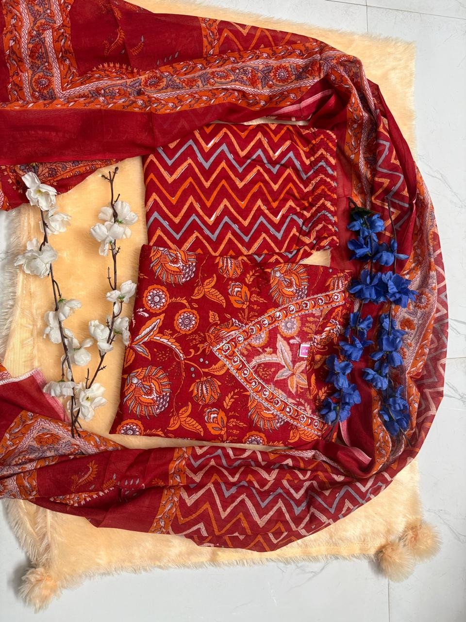 Festive Cotton Kurti Pant Set With Dupatta